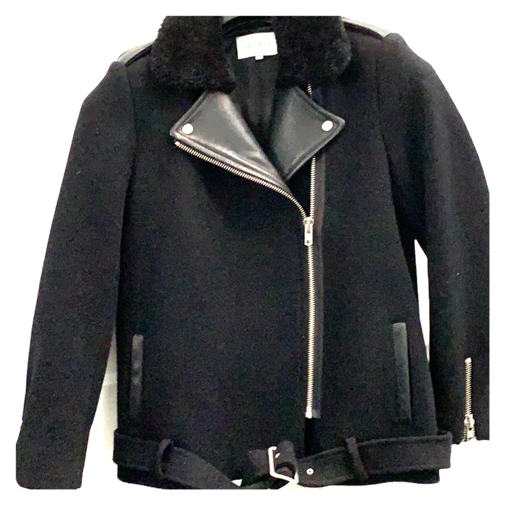 Sandro Black Wool Jacket with Leather Accents